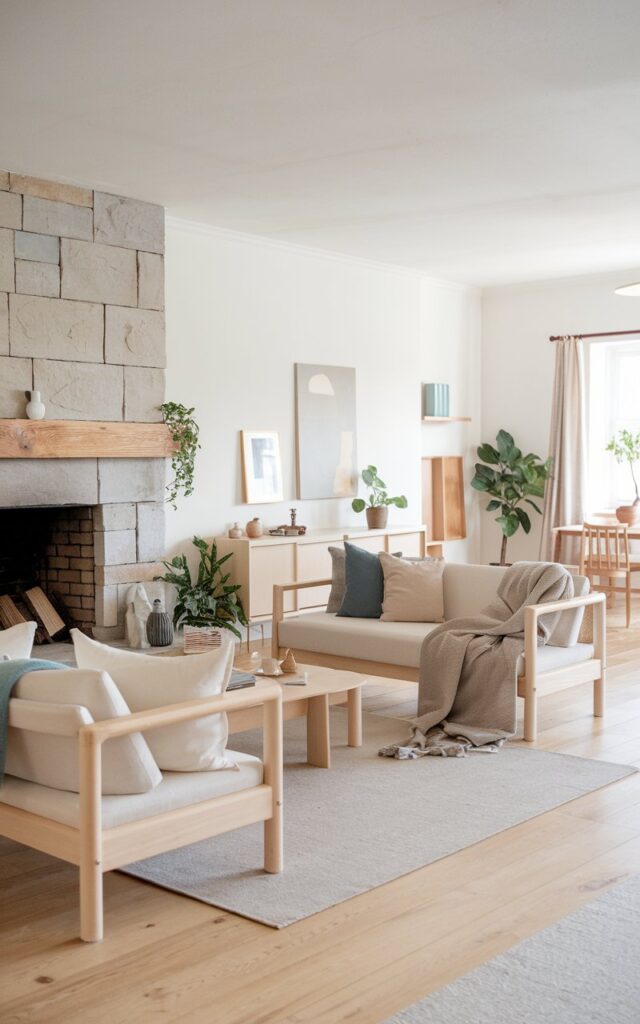 A photo of a Scandinavian living room with a fireplace. The room has light wood elements, including the floor and furniture. The furniture is pale-colored, with pillows and throw blankets in various shades of beige, gray, and blue. The room has minimalistic decor in neutral tones, with a few plants and a few pieces of art on the wall. The fireplace is made of stone and has a wooden mantel.
