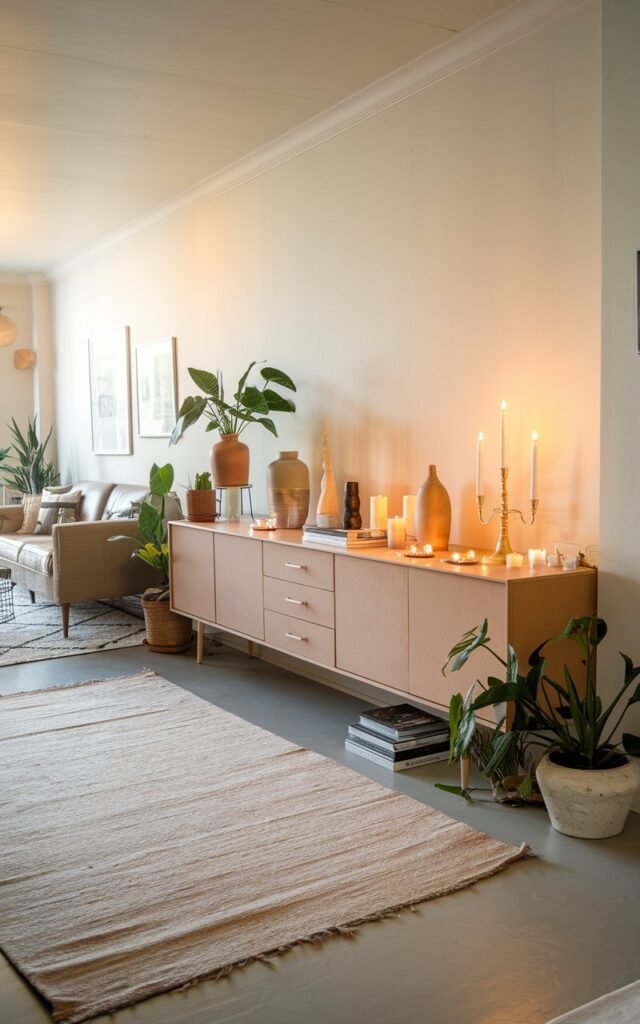 A photo of a Scandinavian-style living room with a long, narrow layout. There's a narrow sideboard against the wall, filled with candles, vases, coasters, a few coffee table books, and plants. The room has a large, oversized rug on the floor. The walls are painted in a light color. There's a sofa and a chair in the room, placed near the sideboard. The lighting is warm.