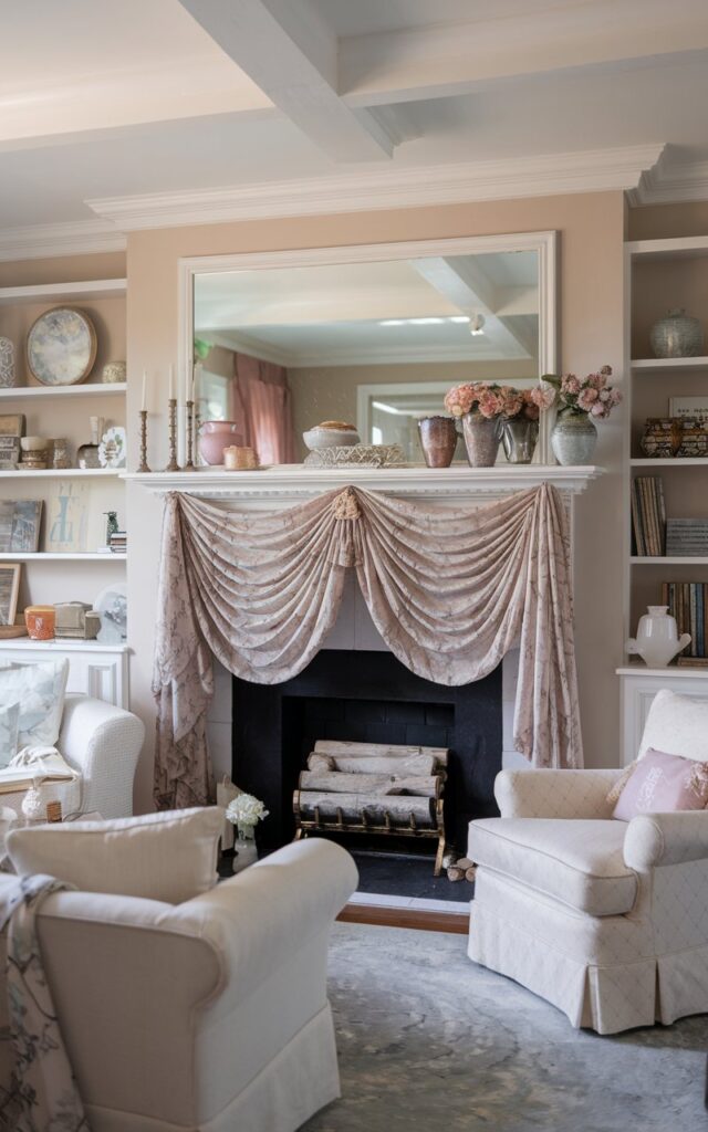 A photo of a shabby chic living room with a fireplace. The fireplace has chic fabric drapes. The mantel is decorated with items. The room has diffused, soft light. The photo shows a full view of the room along with the furniture.