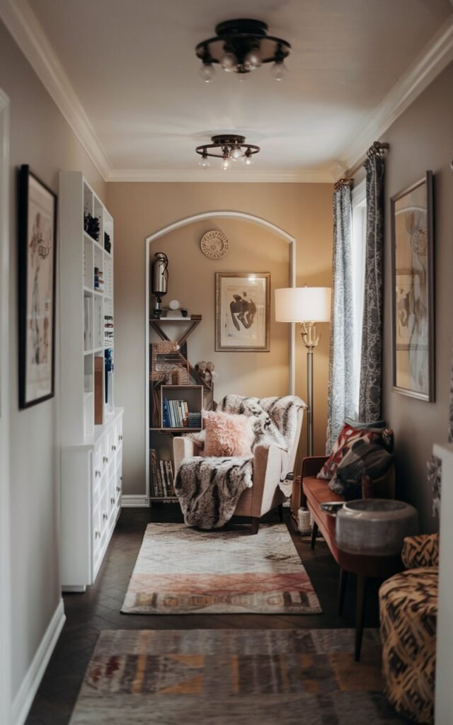 A photo of a long, narrow mid-century modern living room with a shabby chic aesthetic. The room has a separate cozy reading nook in the corner. There is a comfy chair with a faux fur throw blanket and fluffy pillows near the reading nook. There is a bookshelf and a floor lamp near the reading nook. The ceiling has fixture lightings. The floor has contrasting rugs.