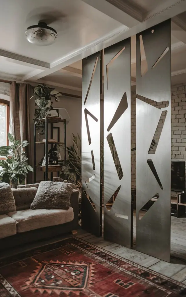 A photo of a rustic living room with a sleek, metal room divider with geometric cut-outs. The room divider is used as a partition and is placed near the entrance. The room has a couch with plush pillows, a few plants, a shelf, and a TV. There is also a false ceiling with a light fixture. The floor has a statement rug. The light is diffused.