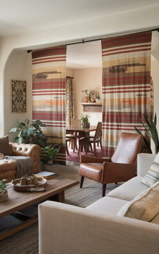 A photo of a Southwestern living room with a tapestry used as a partition between the living and dining areas. The room has a beige sofa, a brown leather chair, and a wooden coffee table. There are also a few potted plants. The dining area has a wooden table and chairs. The walls have a few artworks and a wooden shelf. The floor is covered with a rug.