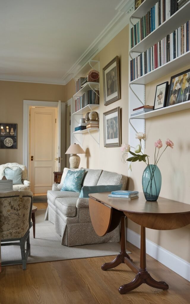 A photo of a traditional long and narrow living room with a drop-leaf table against the wall. On the table, there's a teal vase with a few flowers. The room has a sofa, a chair, and a small table. The walls have shelves with books and decorative items. There's a door at the end of the room. The floor is hardwood.