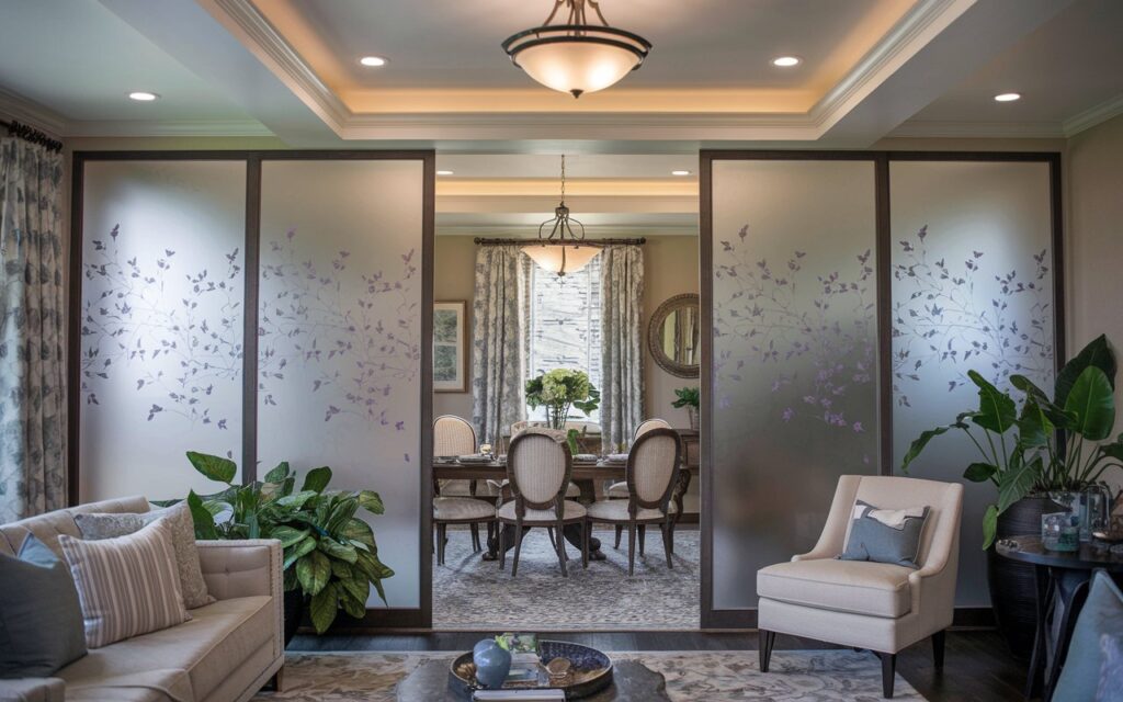 A photo of a transitional living room with a frosted glass partition with small purple floral design separating the living room and dining area. The room has a tray ceiling with a light fixture and a statement rug. There are other pieces of furniture, such as a sofa, chair, and table, and plants in the room. The lighting is diffused and warm.