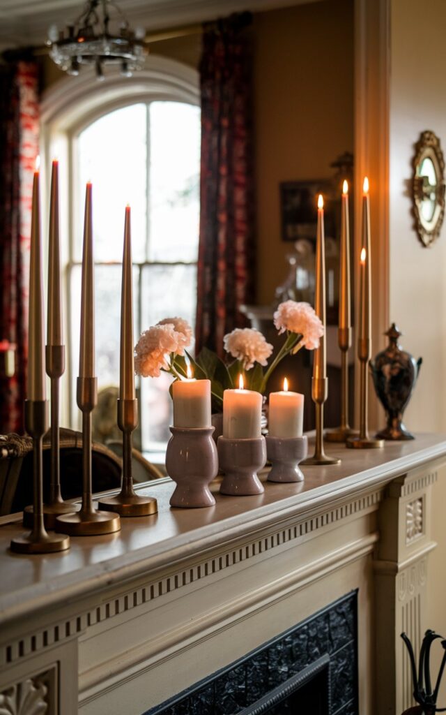 A photo of a Victorian-style living room with a fireplace. The mantle is decorated with tall brass candles, short ceramic squat candles, a flower vase, and a decor item. The room has a warm, diffused light.