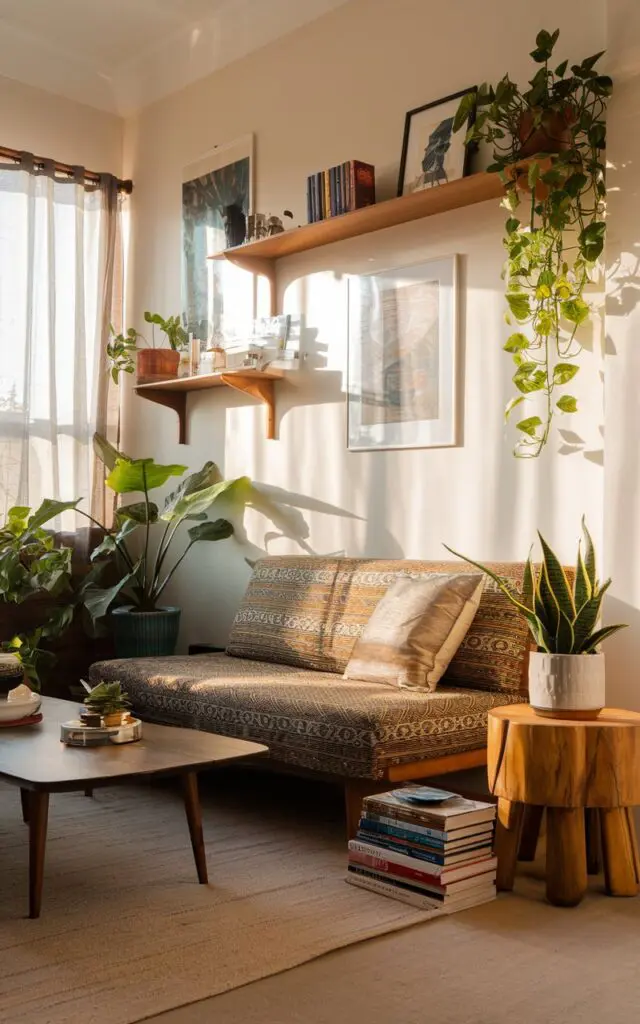 A photo of a bohemian and Asian Zen living room. There's a couch with a patterned fabric and a few cushions. A coffee table in front of the couch holds a few items, including a plant. The room has a few potted plants and a wooden stool. The walls are adorned with artwork and shelves. On the floor near the couch, there's a neat pile of books. The room is bathed in warm, natural light.