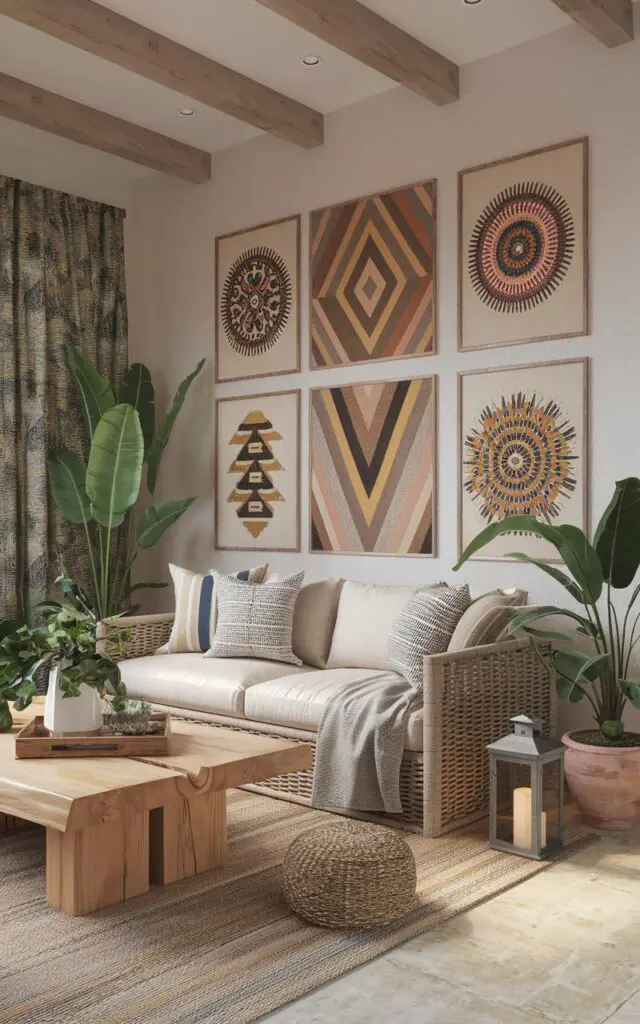 A photo of a bohemian Mediterranean living room with a gallery of African tribal-inspired artwork. The room has a beige sofa with patterned pillows, a wooden coffee table, and a woven rug. There are potted plants and a lantern on the floor. The walls have multiple pieces of African tribal-inspired artwork. The ceiling has wooden beams. The room has a warm and inviting atmosphere.