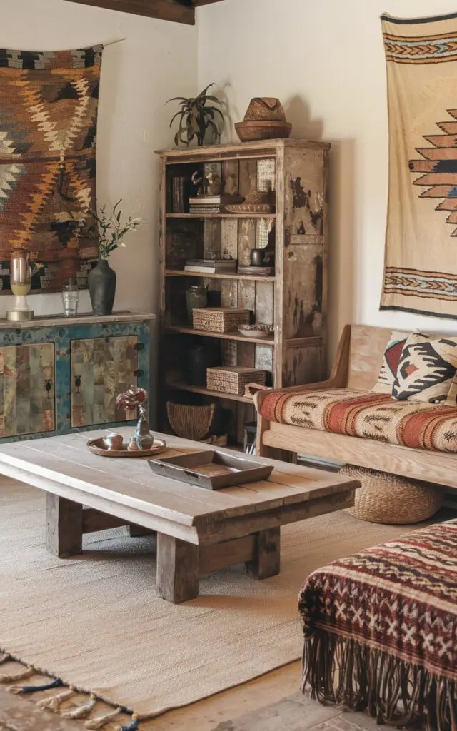 A photo of a bohemian Southwestern living room. There is a vintage wooden coffee table in the center, with a distressed bookshelf and a rustic sideboard on the left. The room has a beige rug, a patterned seat cushion, and a few decorative items. The walls are adorned with tapestries.
