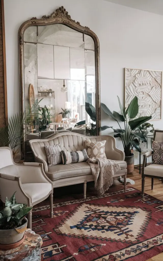 A photo of a living room with bohemian and Victorian styles. There's a large mirror with an antique ornate frame. The room has a bohemian rug, a Victorian sofa, and a few chairs. There are also some plants and decorative items. The room feels bigger and glamorous due to the mirror.