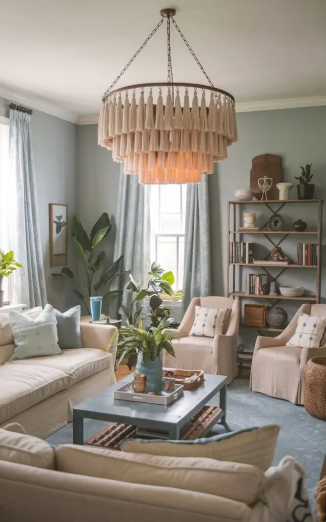 A photo of a bohemian and French country living room with a unique and attractive fringe or tassel chandelier. The room has a beige sofa, a few chairs, a coffee table, and a bookshelf. There are also some potted plants and a few decorative items. The walls are painted in a soft blue color.