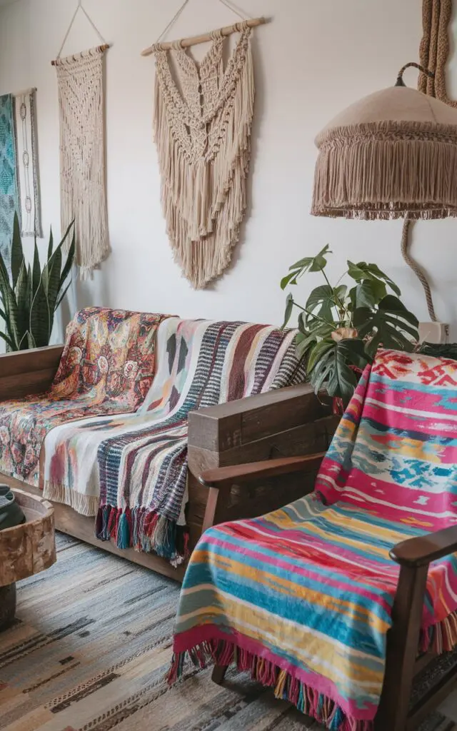 A photo of a bohemian living room with a colorful, eclectic mix of throw blankets placed on the couch and a chair. The couch and chair are made of wood and have a rustic style. The blankets have various patterns, including geometric, floral, and abstract designs. The room has a few other bohemian elements, such as a macrame wall hanging, a potted plant, and a lamp with a fringed shade.