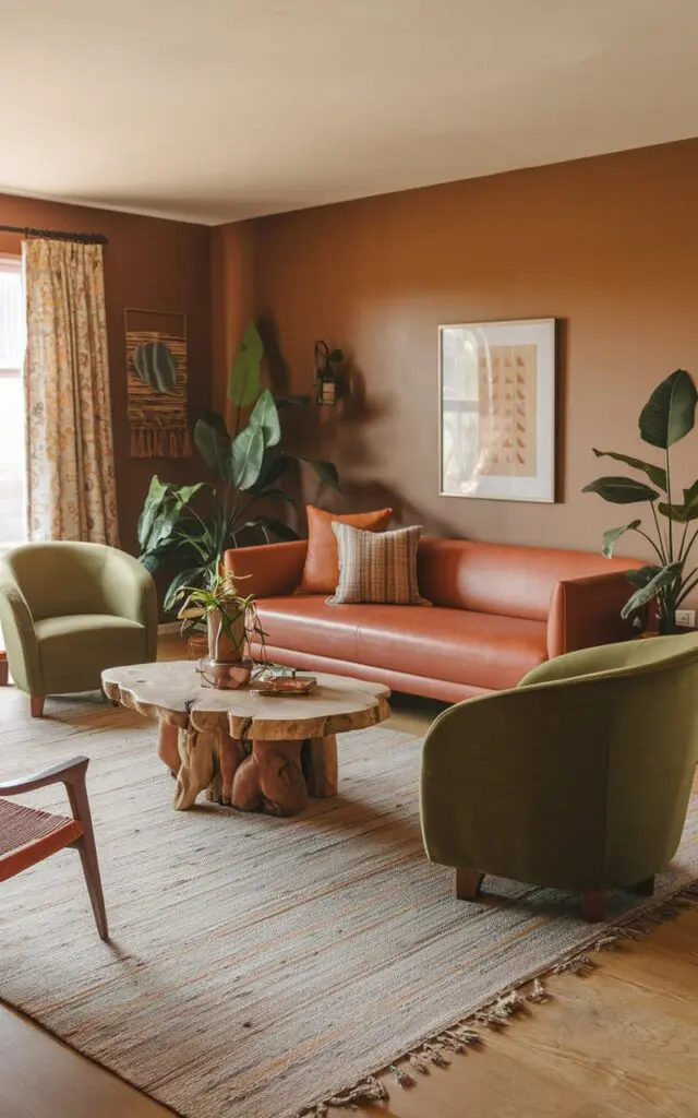 A photo of a bohemian-style living room with a mix of earthy tones like terracotta, olive green, and warm neutrals. The room has a terracotta sofa, olive green chairs, and a warm neutral rug. There are also a few plants and a wooden coffee table in the room. The walls are painted in a warm neutral color.
