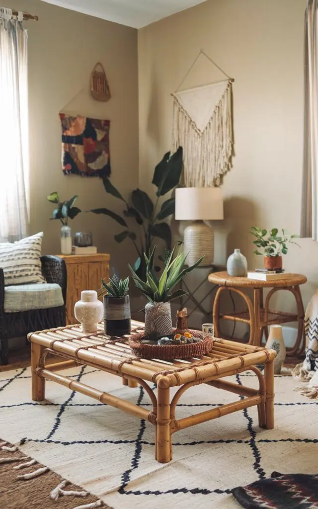 A photo of a bohemian living room with a bamboo coffee table placed on the floor. The room has a comfortable and relaxed feel. There are various items, including a plant, a lamp, and a decorative item on the table. The walls are painted in a soft hue, and there is a patterned rug on the floor. There are also a few other items, such as a side table and a chair, placed around the room.