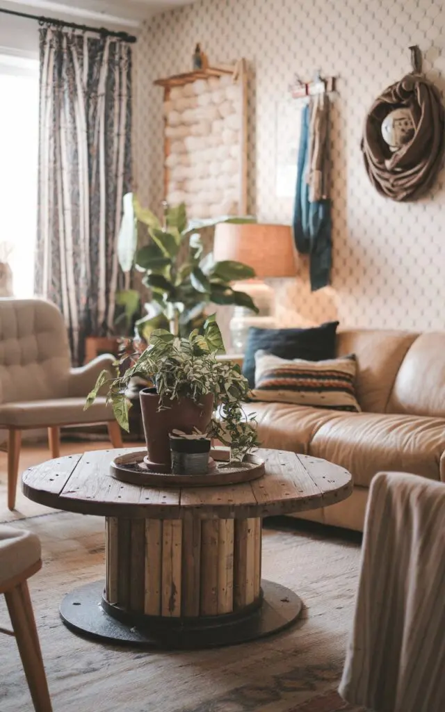 A photo of a bohemian living room with a reclaimed wood coffee table. The room has a beige sofa, a few chairs, a lamp, and a plant. There are also various decorative items on the table and the wall. The wall has a patterned wallpaper and a few hooks. The floor is covered with a rug. The room has a warm and cozy ambiance.