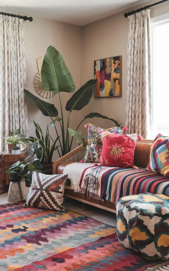 A photo of a bohemian living room with a patterned rug, a couch with colorful, bold, floral, and geometric pattern pillows, and a few decorative items. There are also a few plants in the room. The walls are painted in a light color. The room has a window with curtains.