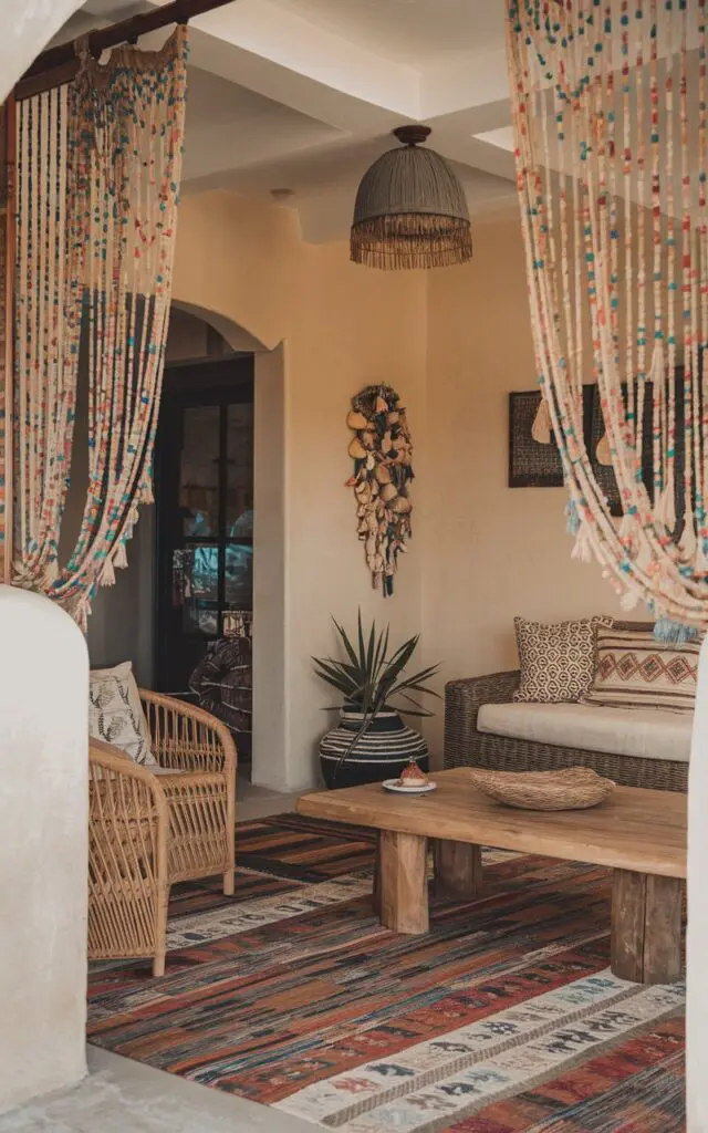 A photo of a bohemian-style living room with a coastal touch. There are colorful beaded curtains near the entrance. The room has a vintage rug, a wicker chair, and a wooden coffee table. There's a lamp on the ceiling and a wall decoration with seashells. The walls are painted beige.