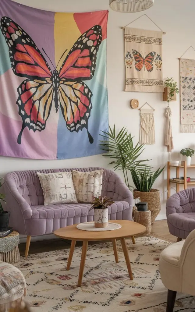 A photo of a bohemian-style living room with a colourful butterfly tapestry hanging on the wall. The tapestry has large prints and is an artsy touch to the room. There's a plush purple sofa with decorative pillows, a wooden coffee table with a plant, and a beige armchair. The floor has a patterned rug. There are also a few decorative items, such as a lamp, a plant, and a wooden shelf. The wall has a few more tapestries and a light fixture.