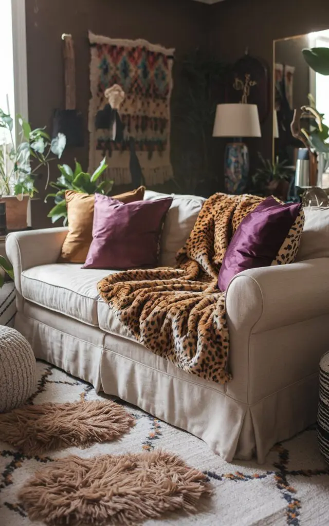 A photo of a bohemian living room with a beige linen sofa. The sofa is covered with a leopard-print faux fur throw blanket. There are colorful velvet cushions on the sofa. The room has layered shaggy woolen rugs. The walls are painted in a dark hue. There are plants, a lamp, and a decorative item on the sofa.
