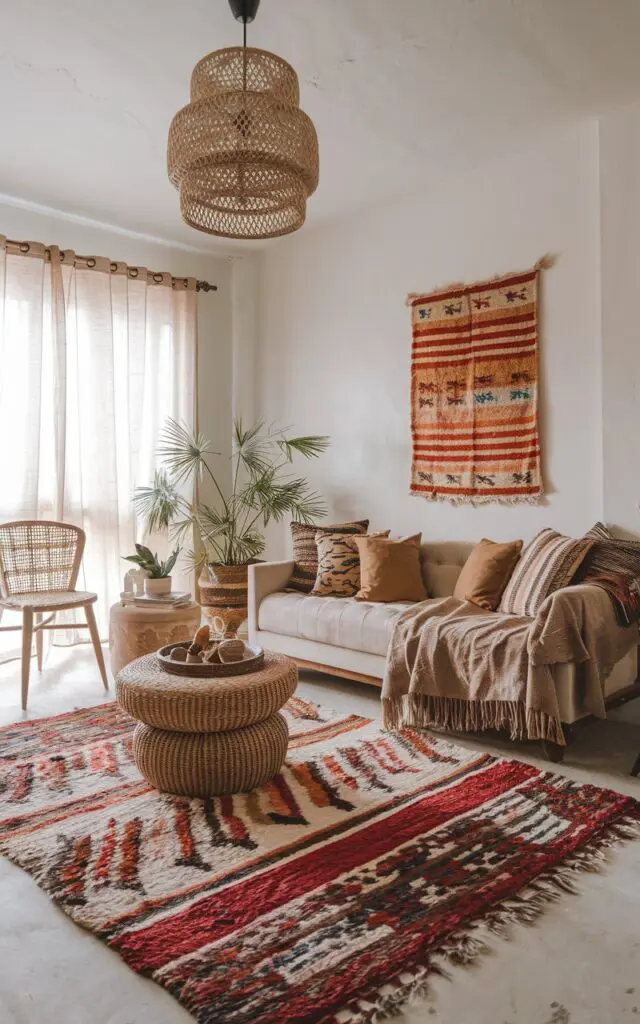 A Boho living room with Moroccan-Inspired Rug in warm earthy tone. The rug has colourful patterns that contrasts the beige sofa.    