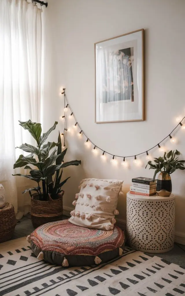 A Boho living room with Oversized Floor Pillows for Comfortable, Casual Seating. The corner of the room has a side table with books and string Lights on the wall