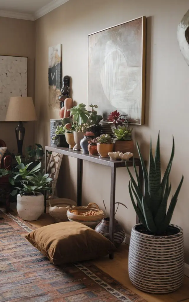 A photo of a bohemian and naturalist living room. There is a console table against the wall, on which there is a collection of succulents in various pots. There is a brown cushion placed near the console table. The room has a patterned rug, a few pieces of artwork, and a lamp. The walls are painted beige.