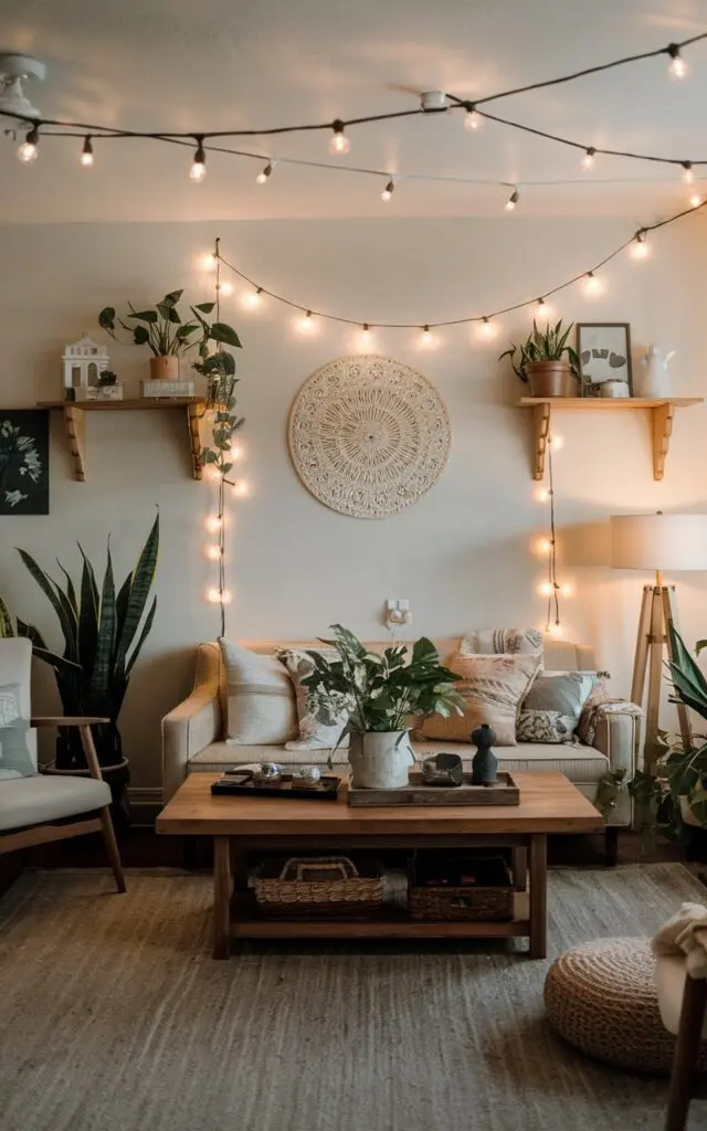 A photo of a boho + farmhouse living room with string lights. The room has a beige couch, a wooden coffee table, and a few chairs. There are plants, a lamp, and a few decorative items on the table. The walls have shelves with more plants and a few items. The room has a few rugs on the floor. There are string lights hanging over the couch and the coffee table, creating a warm, dreamy glow.