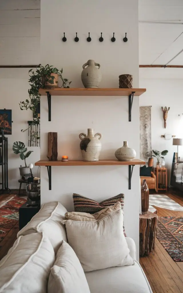 A photo of a boho-style living room with a few handmade pottery or ceramics placed on 2-3 open shelves. The shelves are placed above a white couch with multiple pillows. There are also a few other decorative items on the shelves, such as a plant, a wooden object, and a candle. The room has wooden floors, a patterned rug, and a few other pieces of furniture, including a side table and a lamp. The walls have some artwork and a few hooks.