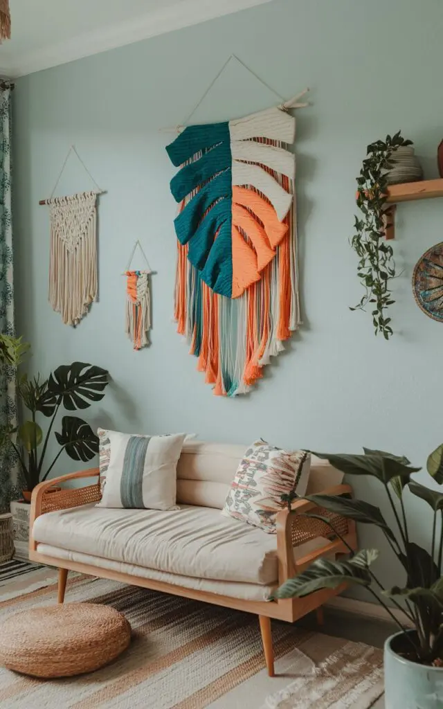 A photo of a boho living room with a leaf-shaped Macramé Wall Hanging in contrasting colors (teal blue, orange, beige) above the couch. The room has a few small Macramé Wall Hangings. There is a beige rug on the floor. The walls are painted in a light blue hue. A wooden shelf near the wall has a few decorative items. The room has a few potted plants.