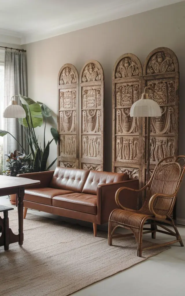 A photo of a boho living room with a sleek mid-century modern sofa, a vintage rattan chair, an antique dining table, and carved wood panels/curio lamps. The room has a beige rug and a few potted plants. The walls are painted in a light grey hue.