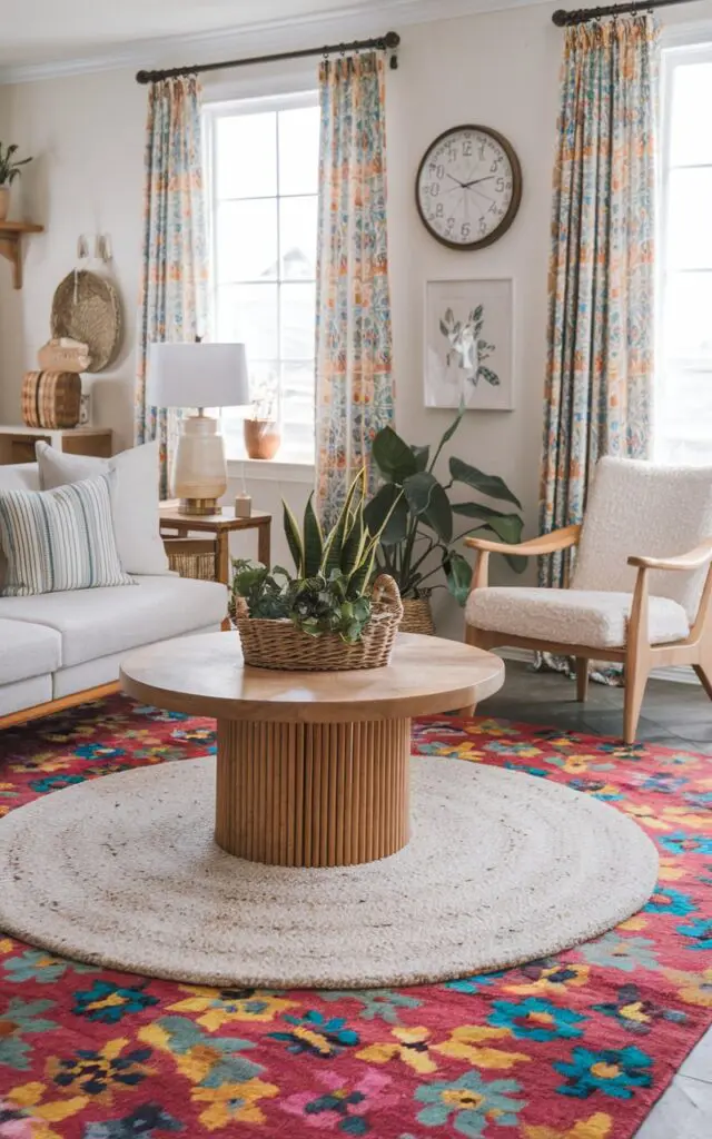 A photo of a boho-style living room with a white circle shaggy rug placed on top of a bright floral field patterned wool rug. There's a wooden coffee table with a basket and a green plant in the middle. A few pieces of furniture, including a sofa, a chair, and a lamp, are placed around the room. The walls are adorned with patterned curtains, a wall clock, and a few decorative items.