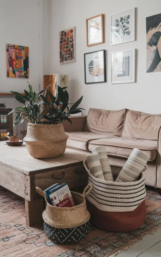 A boho + shabby chic living room with 1 small woven basket without a handle for organising books and magazines, 1 medium printed woven basket with a handle having rolled up blankets, and 1 medium woven basket with a plant. The room has a rustic wooden coffee table and a plush beige sofa. The walls are adorned with various artwork. There's a worn-out area rug on the floor.