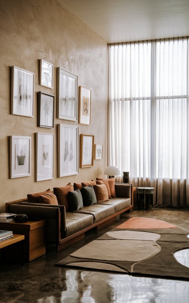 A photo of a cottagecore and Bauhaus style long narrow living room with a gallery of framed art. The art is placed above a couch on a textured wall. The wall does not reflect light. There is a window with sheer curtains, allowing diffused light to enter the room. The floor is polished, and there is a unique area rug. There is a side table and a lamp beside the couch.