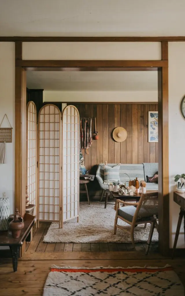 A photo of a cottagecore living room with a folding screen as a partition. The room has a wooden floor, a plush rug, and a few furniture pieces, including a sofa, a chair, and a table. The folding screen is placed near the entrance. The walls have wooden panels and a few hanging items. The room has a warm and cozy atmosphere.