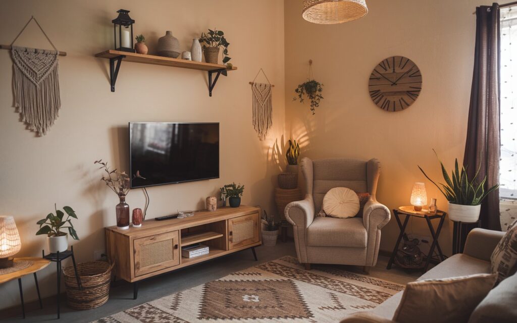 A photo of a cozy earthy living room with a warm, diffused lighting. The room has a wooden TV stand with a mounted TV. There's a large, comfortable armchair in the corner, with a small side table beside it. A patterned rug covers the floor. Above the TV stand, there's a wall-mounted shelf with decorative items, such as a lantern, a vase, and a few small plants. The walls have a few hanging items, including a macrame wall hanging and a wooden clock. The room also has a few other pieces of furniture, such as a side table, a lamp, and a plant stand.
