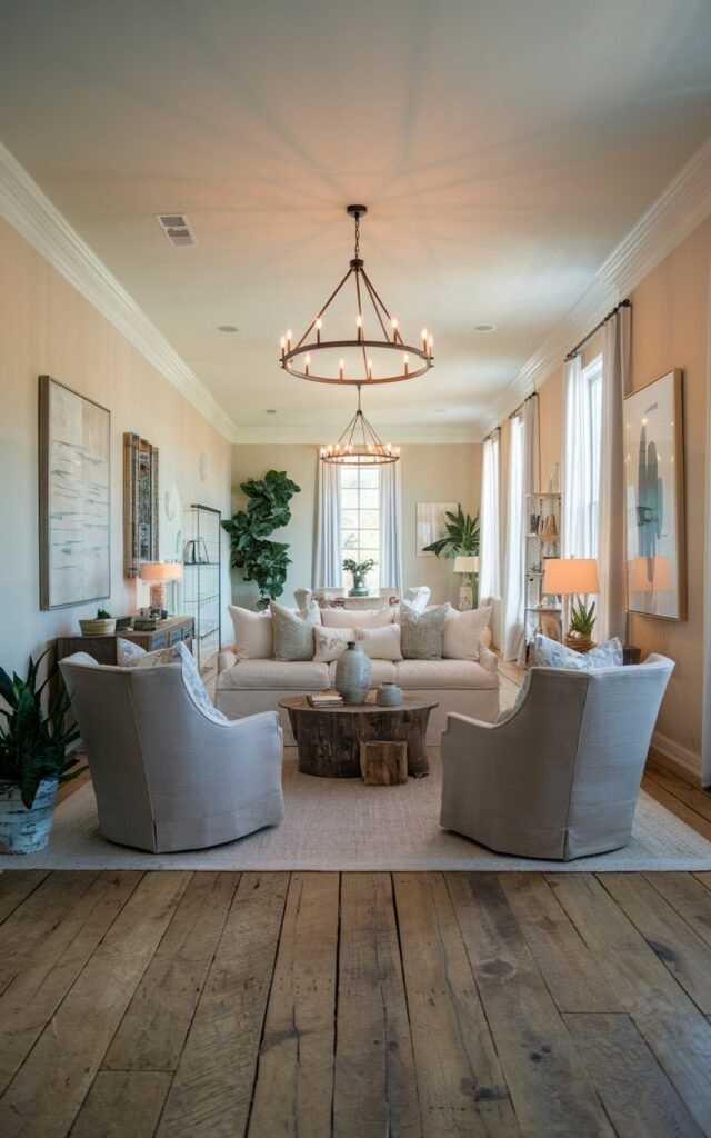 A photo of a long, narrow farmhouse-style living room with a sofa and two swivel chairs. The room has a ceiling and a statement chandelier. The floor is made of wooden planks. The walls have a few pieces of artwork. There are also a few plants in the room. The lighting is warm and inviting.