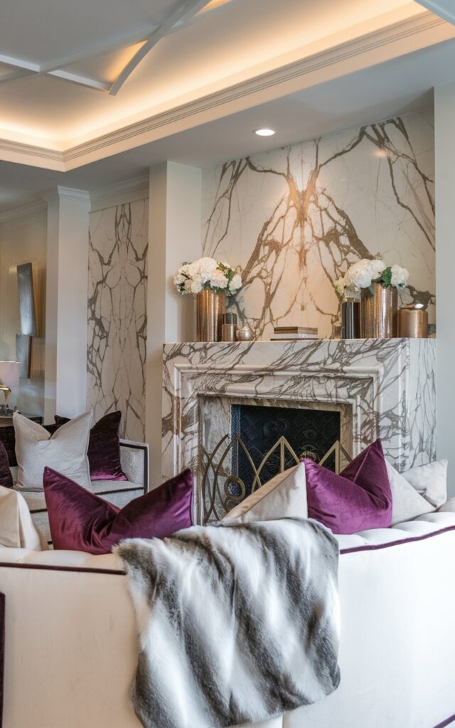 A photo of a Hollywood glam living room with a decorated marble fireplace. There is a white couch with contrasting velvet pillows and a faux fur throw blanket. The room has a soft light. The ceiling is attractive and has a light.