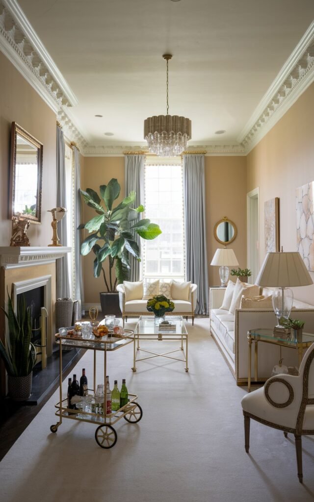 A photo of a Hollywood Glam-style long and narrow living room with a high ceiling. There is a wheeled bar cart in the middle of the room, filled with refreshments. The room features a white sofa with gold accents, a glass coffee table, and a potted plant. A vintage lamp sits on the floor near the sofa. The walls are painted a soft beige color, and there are gold accents throughout the room, including a chandelier and a decorative object on the mantel.