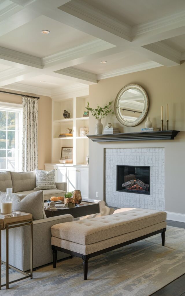 A photo of a living room with a low-profile cushioned bench placed near an electric fireplace with a decorated Pearl Henry Black Fireplace Mantel Shelf. There is a sectional sofa and a side table in the room. The ceiling is coved with recessed lighting.