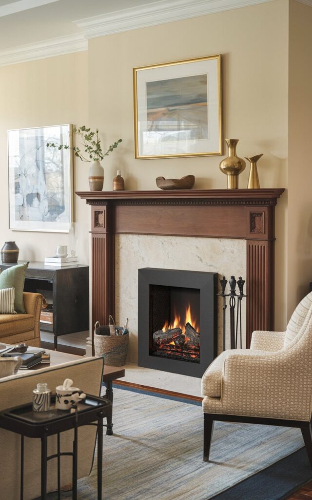 A photo of a living room with a ethanol fireplace. The fireplace has a Pearl Devonshire Cherry Fireplace Mantel Shelf. The shelf is decorated with items in Brass or Gold Accents. There's a couch, a chair, and a table in the room. The walls have artwork. The room has a rug.