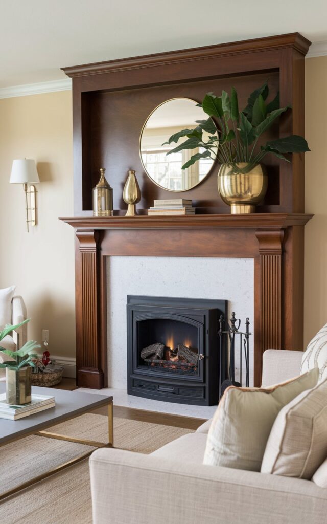 A photo of a living room with a Pearl Devonshire Cherry Fireplace Mantel Shelf placed above an ethanol fireplace. The shelf has an oversized mirror along with decor items in metallic accents. The room has a beige sofa, a coffee table, and a wall-mounted lamp. The floor is covered with a beige rug.