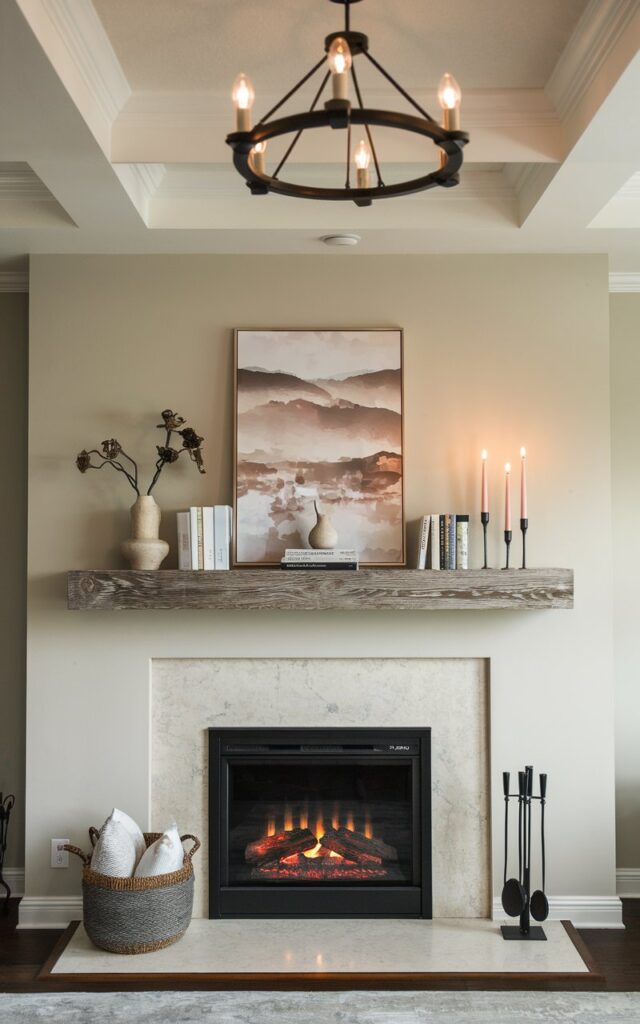 A photo of a living room with a light-up B-vent fireplace and a floating Pearl Shenandoah Medium Rustic Fireplace Mantel Shelf. The shelf is floating above the fireplace and holds a few standout pieces, books, candles, vases, and small sculptures. The room has a tray ceiling with a chandelier. The light is diffused and soft.