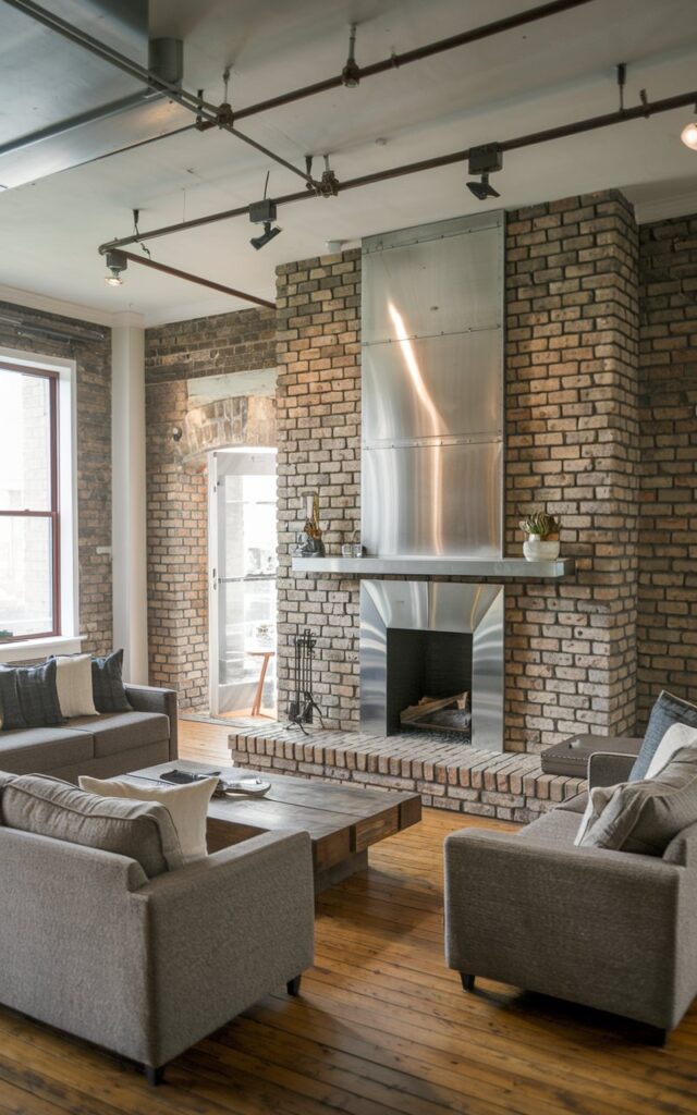 A photo of a living room with an industrial, rustic aesthetic. The room has a brick fireplace with a steel accent. There is a sofa with a grey fabric and a wooden coffee table in the middle of the room. The walls have exposed brick. The ceiling has light fixtures. The floor is made of wood.