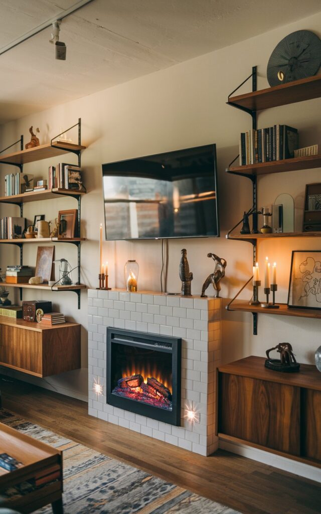 A photo of a mid-century modern living room with a light-up fireplace and a TV above the fireplace. There are floating wooden shelves on either side of the wall, holding books, candles, and vintage items. The room has a warm and inviting atmosphere, with a mix of contemporary and vintage elements.
