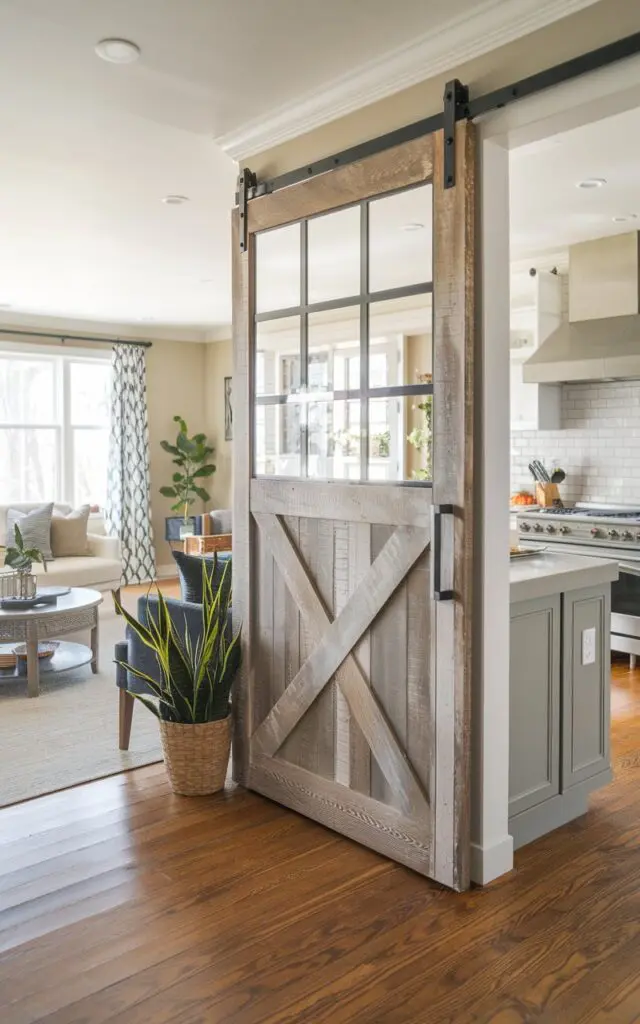 A photo of a living room with a stylish sliding barn door partition between the living room and the kitchen. The barn door has a rustic wooden design with small glass panes. The living room has a sofa, a coffee table, and a plant. The kitchen has a stove, a sink, and a cabinet. The floor is made of hardwood.
