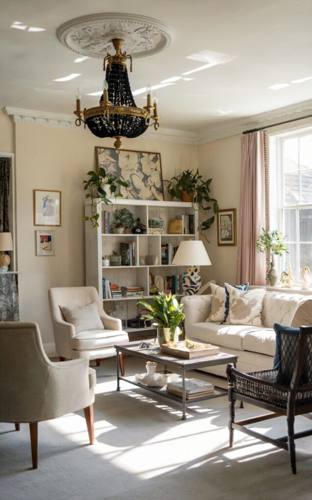A photo of a living room with an English Countryside-style decor. There's a black chandelier with gold detailing hanging from the ceiling. The room has a beige sofa, a few chairs, a coffee table, and a bookshelf. There are plants and a lamp on the bookshelf. The walls have a few pieces of artwork. The room has natural light, with sunlight streaming in through a window., photo