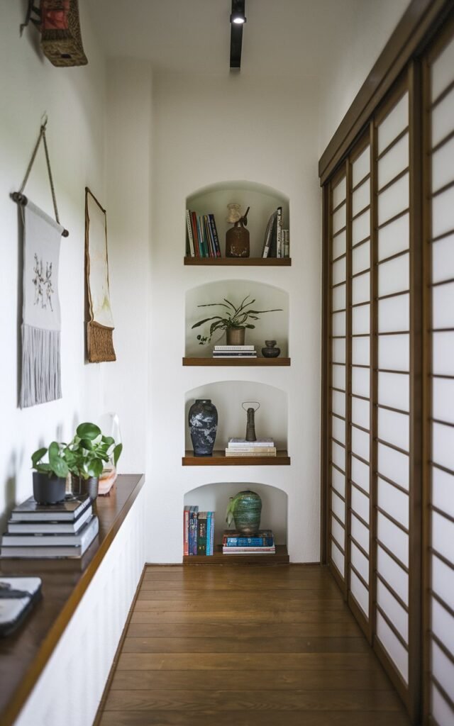 A photo of a long, narrow Asian Zen living room with 2-3 small built-in shelves. The shelves have books, small plants, and decor items. The room has a sleek and streamlined look. There is a sliding door at the end of the room. The walls have a few hanging items. The floor is made of wood.