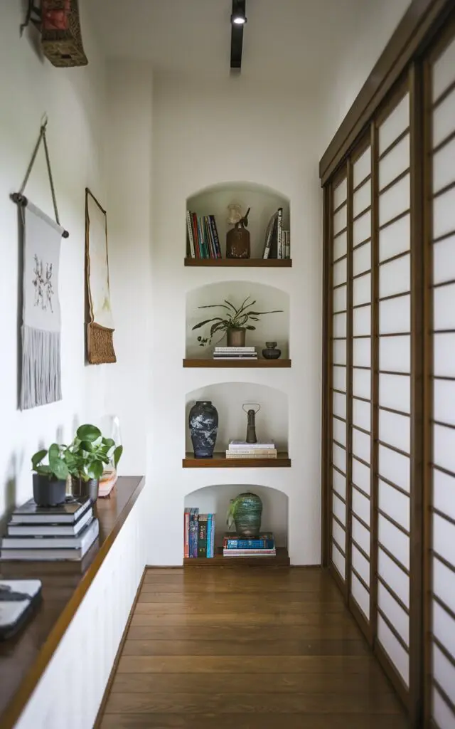 A photo of a long, narrow Asian Zen living room with 2-3 small built-in shelves. The shelves have books, small plants, and decor items. The room has a sleek and streamlined look. There is a sliding door at the end of the room. The walls have a few hanging items. The floor is made of wood.