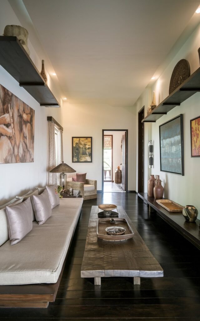 A photo of a long, narrow Balinese living room with low-profile furniture. There's a sofa with plush cushions, a wooden coffee table, and a few decorative items. The walls are adorned with paintings and shelves. The room has a dark wooden floor. At the far end, there's a door leading to another room. The lighting is soft.