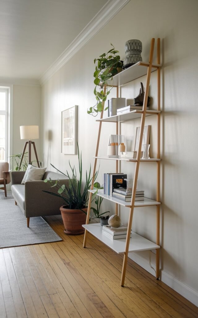 A photo of a long narrow Bauhaus living room with a slim, foldable Ladder Shelf. The shelf is placed in a corner of the room and is filled with plants, books, and decor. The room has a wooden floor, a sofa, a chair, and a lamp. The walls are painted white.