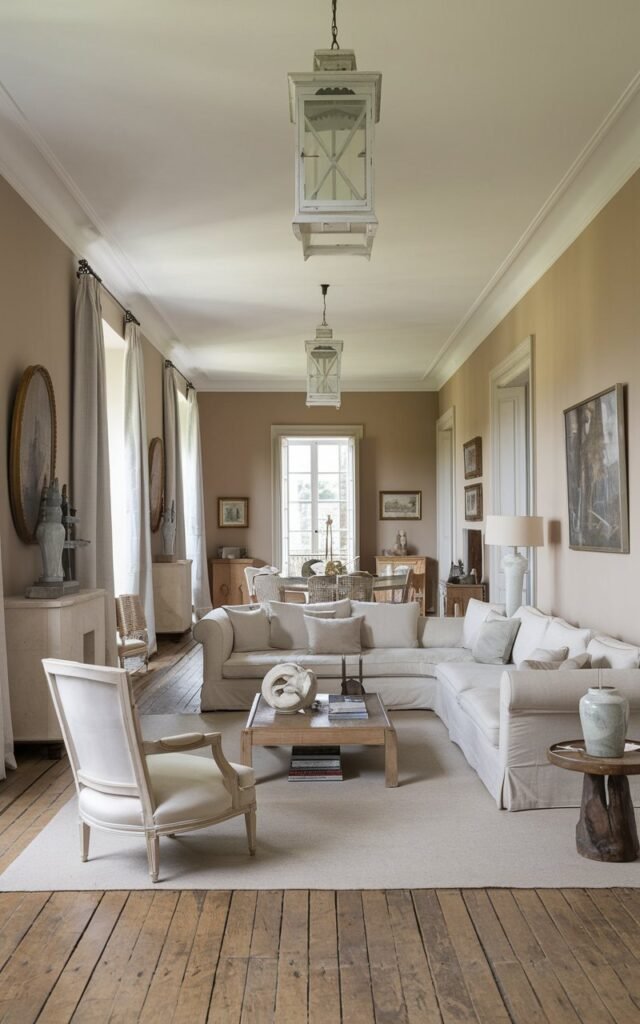 A photo of a long, narrow French country living room with a large, comfortable sofa placed on one side of the room. The centre is free and spacious to move around. The room has a beige sofa, a white chair with a beige cushion, and a wooden coffee table in the centre. There are also a few decorative items on the table. The walls are painted beige, and there are two white lanterns hanging from the ceiling. The floor is made of wooden planks.